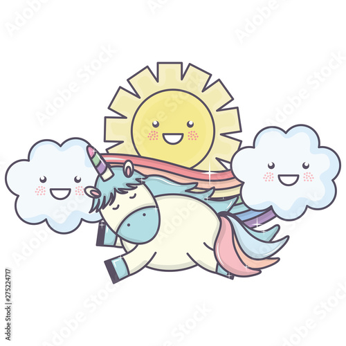 cute unicorn in rainbow with clouds and sun kawaii characters