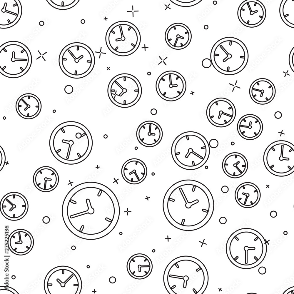 Black Clock icon isolated seamless pattern on white background. Vector Illustration