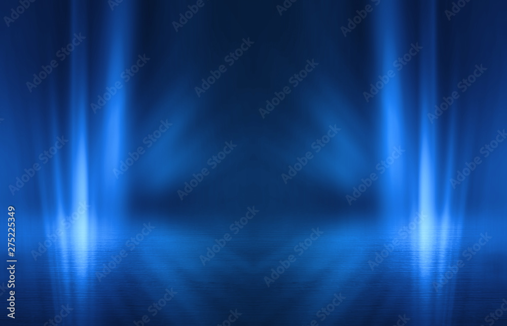 Empty background scene. Dark street reflection on wet asphalt. Rays of neon light in the dark, neon figures, smoke. Background of empty stage show. Abstract dark background. Empty background scene. Dark street reflection on wet asphalt. Rays of neon light in the dark, neon figures, smoke. Background of empty stage show. Abstract dark background.