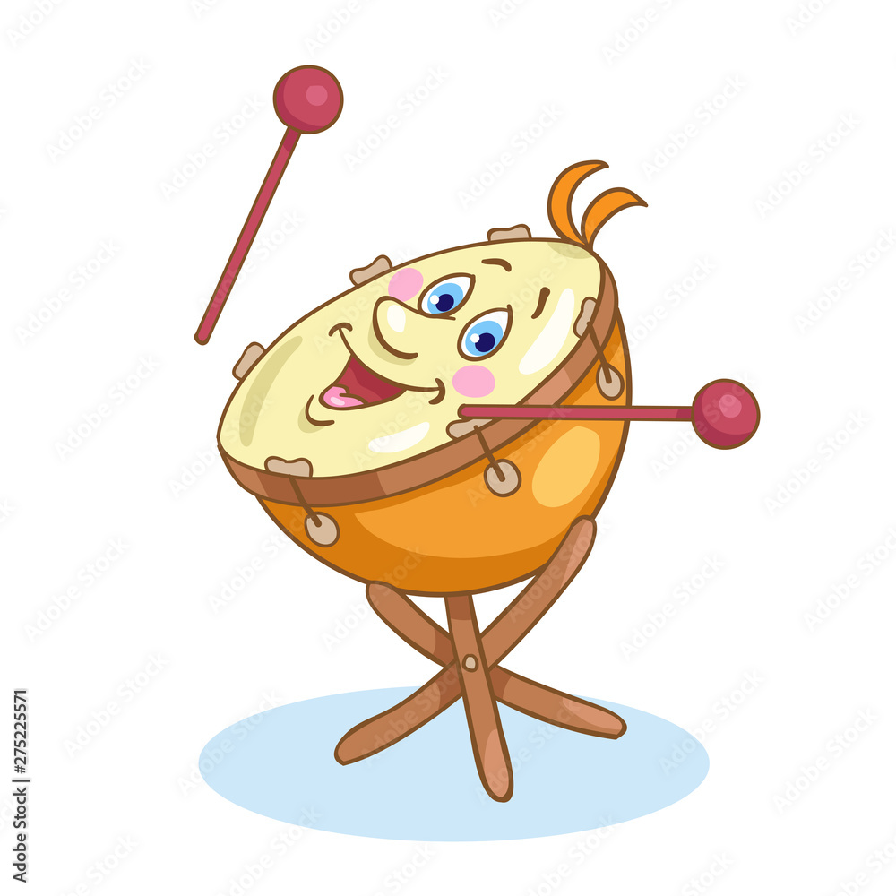 Musical instrument timpani in cartoon style. Isolated on white background. Vector illustration