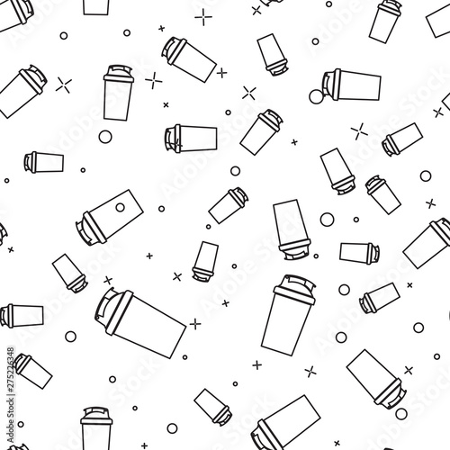 Black Fitness shaker icon isolated seamless pattern on white background. Sports shaker bottle with lid for water and protein cocktails. Vector Illustration