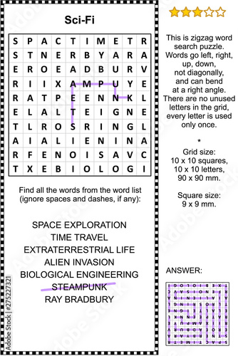 Science fiction, or sci-fi, themed zigzag word search puzzle (suitable both for children and adults). Answer included.