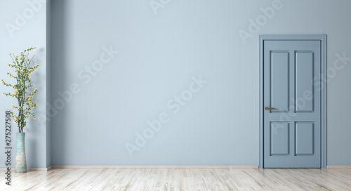 Fototapeta Naklejka Na Ścianę i Meble -  Interior background of room with blue wall, door and vase with plant 3d rendering