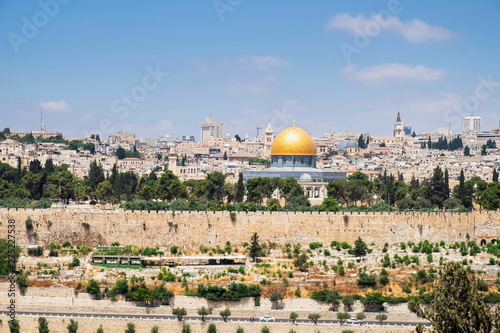 view of Jerusalem's old town walls and Golden Dome of the Rock