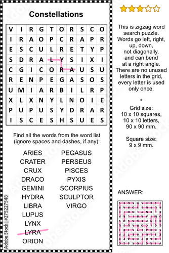 Constellations themed zigzag word search puzzle (suitable both for kids and adults). Answer included.