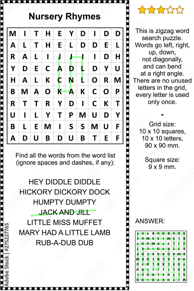 Nursery rhymes themed zigzag word search puzzle (suitable both for kids