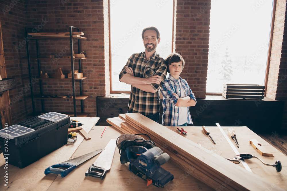 Two nice person cheerful cheery content woodworkers handymen creating construction artisan crossed hands at studio modern loft industrial brick interior Two nice person cheerful cheery content woodworkers handymen creating construction artisan crossed hands at studio modern loft industrial brick interior