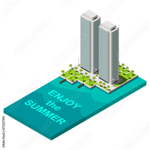 Two tall seafront hotels isometric vector illustration.
