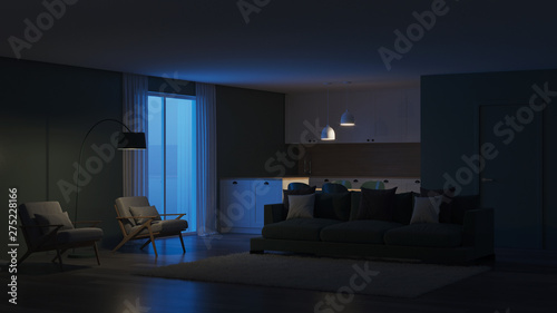Modern house interior. Green color in the interior. Night. Evening lighting. 3D rendering.