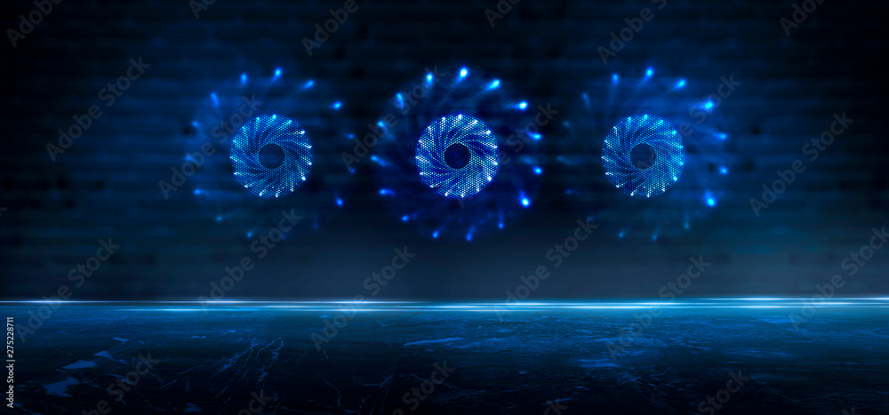 Dark empty scene, blue neon searchlight light, wet asphalt, smoke, night view, rays. Dark empty scene, blue neon searchlight light, wet asphalt, smoke, night view, rays.