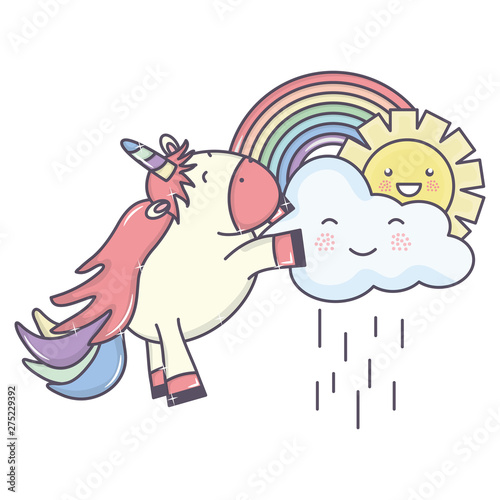 cute adorable unicorn with clouds rainy and rainbow