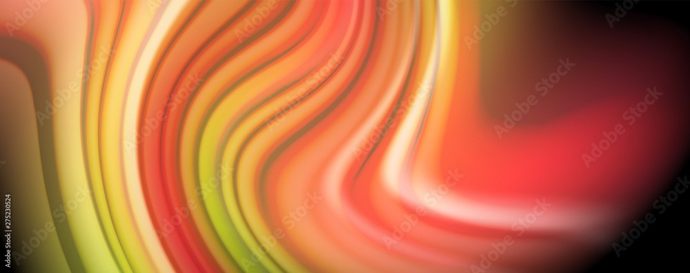 Obraz premium Modern rainbow liquid color flow colorful poster. Wave Liquid shape in black color background. Abstract composition