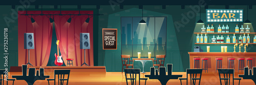 Music bar, beer pub with live performances cartoon vector interior. Bar counter desk, tables and chairs, guitar on stage illustration. Famous musician, special guest star evening concert in nightclub