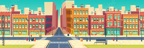 Old quarter street, city historical center district in modern metropolis cartoon vector. Roads crossing and crosswalks, cafe, restaurant, store showcases in retro architecture buildings illustration