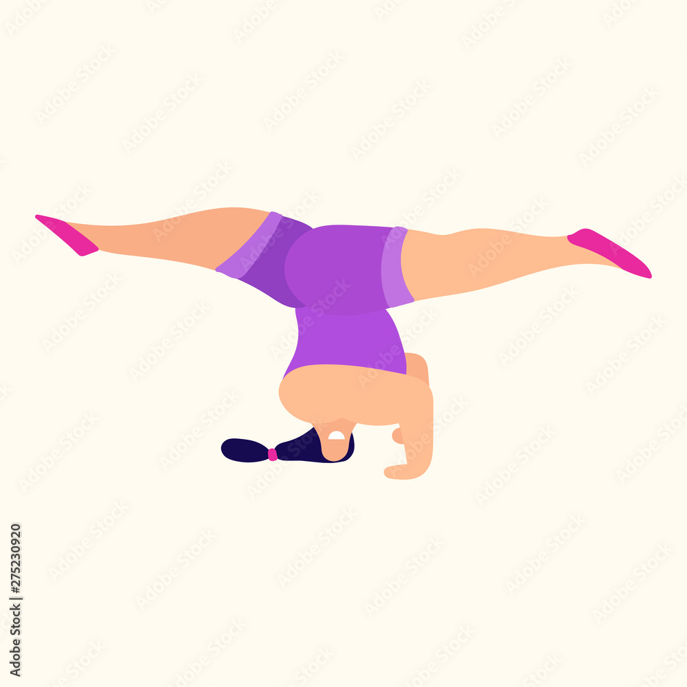 Girl doing headstand. Body positive concept. Hand drawn vector illustration. 