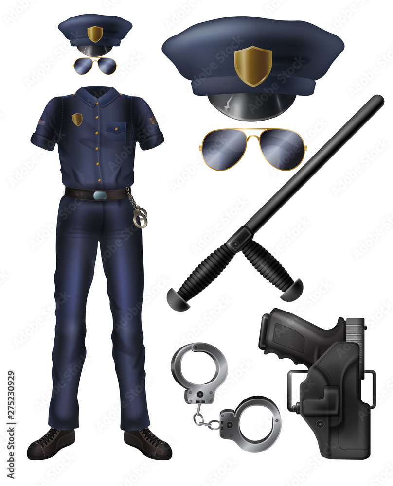 Police officer or security service guard uniform, weapon, accessories  cartoon vector set. Policeman costume, peaked cap, sunglasses, handgun in  holster, handcuffs, rubber baton isolated illustrations Stock Vector