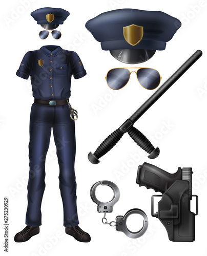 Police officer or security service guard uniform, weapon, accessories cartoon vector set. Policeman costume, peaked cap, sunglasses, handgun in holster, handcuffs, rubber baton isolated illustrations