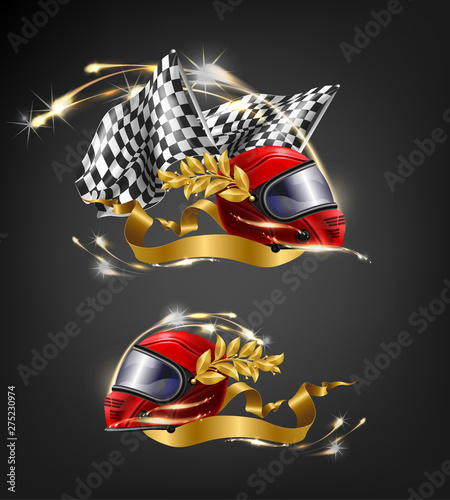 Auto, motorsport racing driver, race winner red, full face helmet with laurel leaves, waving checkered finish flags and golden ribbon, surrounded by firework sparkles 3d realistic vector illustration