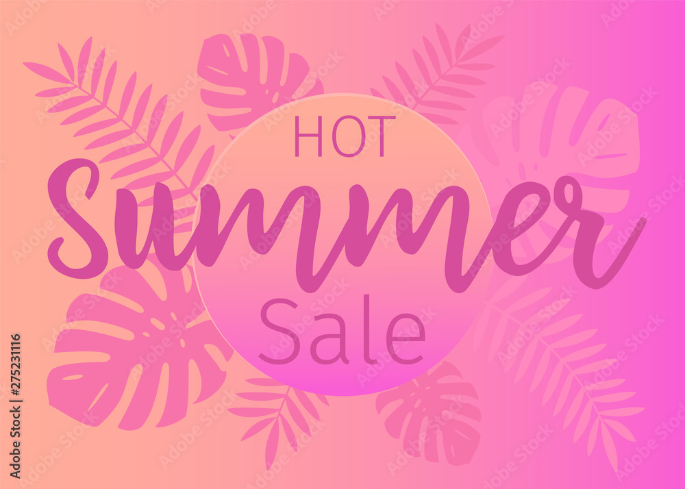 Hot summer sale banner with tropical leaves