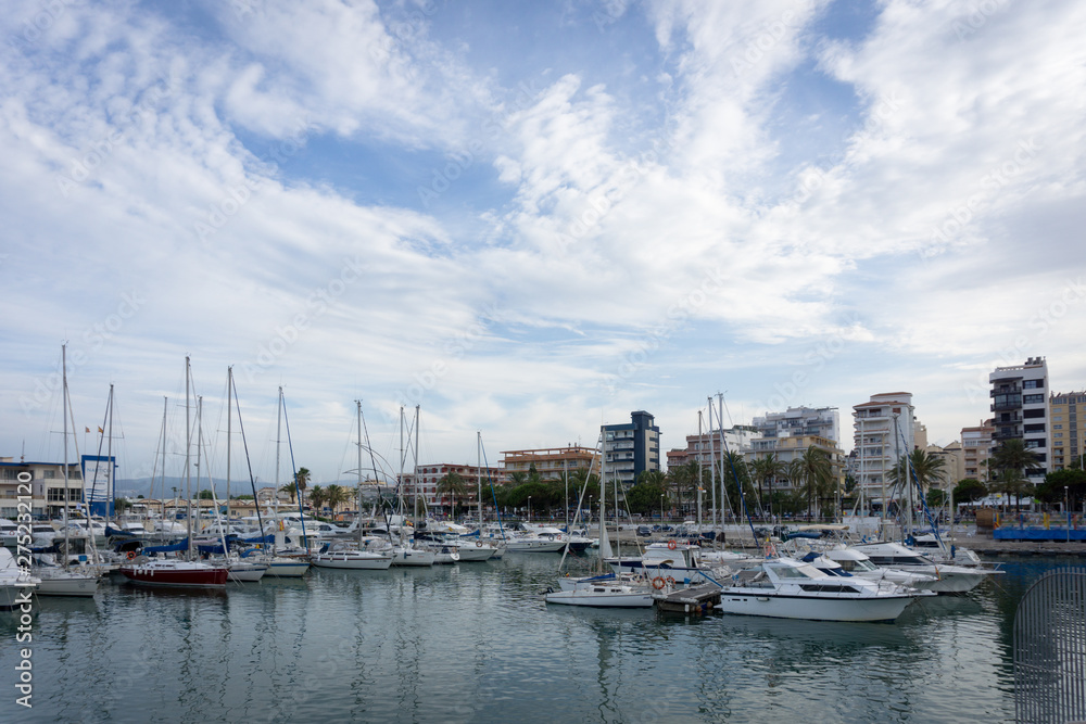 View of marina with boats in the beach of Gandia