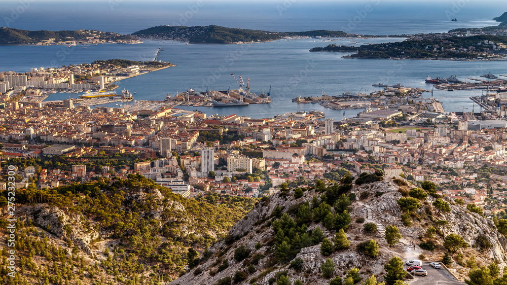 Aerial panoramic view of Toulon city and coastline from Faron mountain. France. Travel Europe.