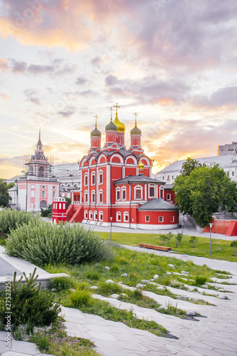 Beautiful Znamensky Monastery in Romanov Chambers area on Old Gosudarev (State) Yard on Varvarka street near Zaryadie Park in Moscow city on sunset. The Cathedral was built in 1679-1684. photo