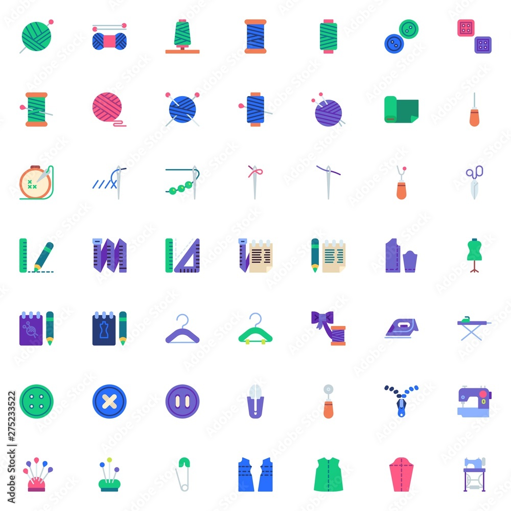 Sewing elements collection, flat icons set, Colorful symbols pack contains - Thimble, Electric sewing machine, Pattern fabric, Tailors dummy, Clothing scissors. Vector illustration. Flat style design Sewing elements collection, flat icons set, Colorful symbols pack contains - Thimble, Electric sewing machine, Pattern fabric, Tailors dummy, Clothing scissors. Vector illustration. Flat style design