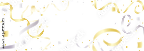 紙吹雪やテープが舞う白バックの背景