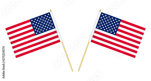 Two US flags isolated on white background, vector illustration. USA flag on pole