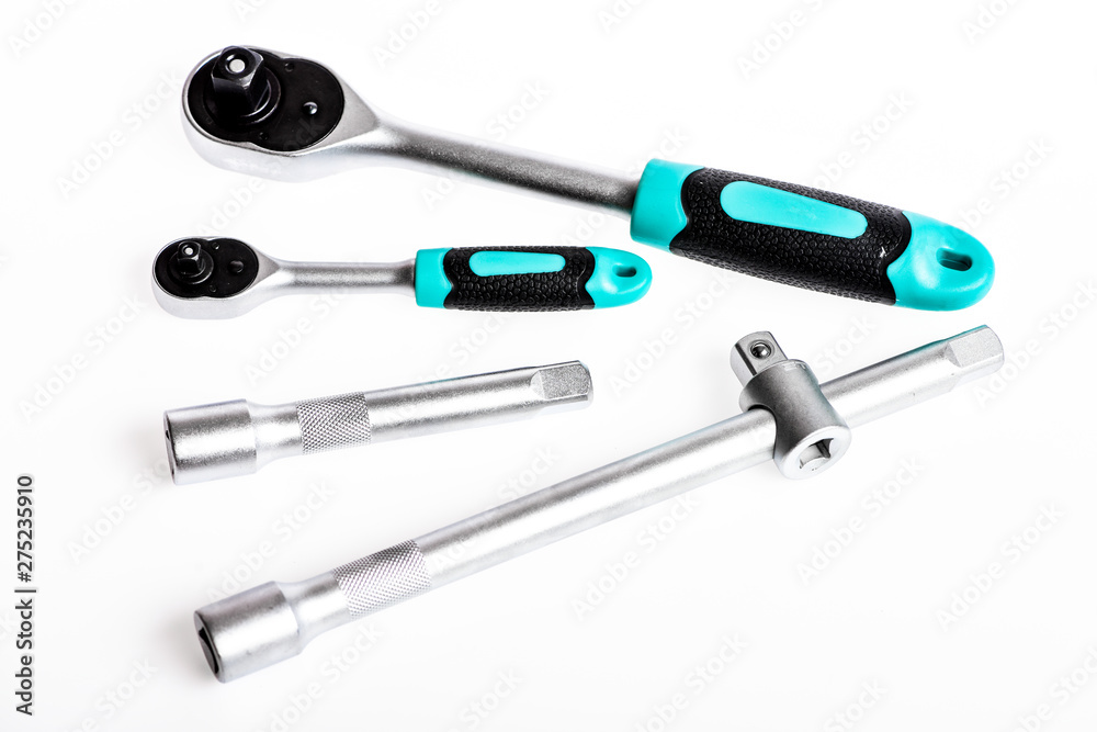 socket wrench. perfect tool kit. Chrome Vanadium Steel. metallized fix equipment. socket wrench isolated on white background. metalworking hand tool socket wrench. perfect tool kit. Chrome Vanadium Steel. metallized fix equipment. socket wrench isolated on white background. metalworking hand tool