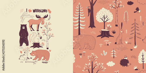 Forest wildlife childish fashion textile graphics set with t-shirt print and accompanied tileable background in decorative Scandinavian style. Woody landscape elements Bear Hare Squirrel Moose Deer