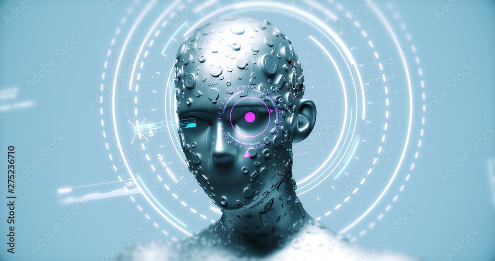 Modern Robot Technology Analyzing Hud Data - Technology Related 3D Illustration Render Concept Modern Robot Technology Analyzing Hud Data - Technology Related 3D Illustration Render Concept