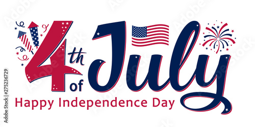4th of July, United Stated independence day. Template design for poster, banner, postcard, flyer, greeting card. American national day. Vector illustration with stars, fireworks and USA flag.