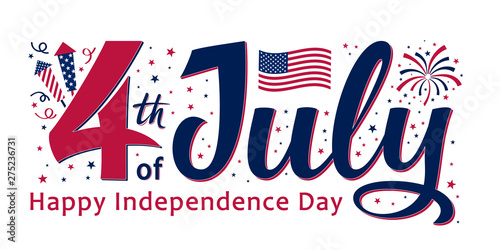 4th of July, United Stated independence day. Template design for poster, banner, postcard, flyer, greeting card. American national day. Vector illustration with star background, fireworks and USA flag