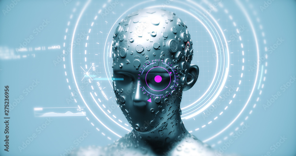 Modern Robot Technology Analyzing Hud Data - Technology Related 3D Illustration Render Concept Modern Robot Technology Analyzing Hud Data - Technology Related 3D Illustration Render Concept
