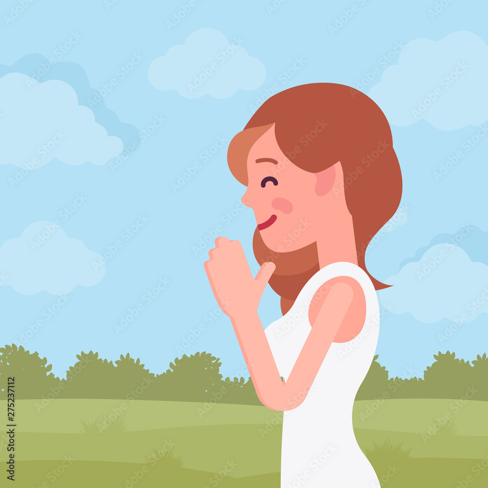 Woman praying in namaste gesture. Young girl in religious or spiritual  ceremony feeling calm, peaceful and untroubled, addressing to God, method  of relaxation. Vector flat style cartoon illustration Stock Vector | Adobe