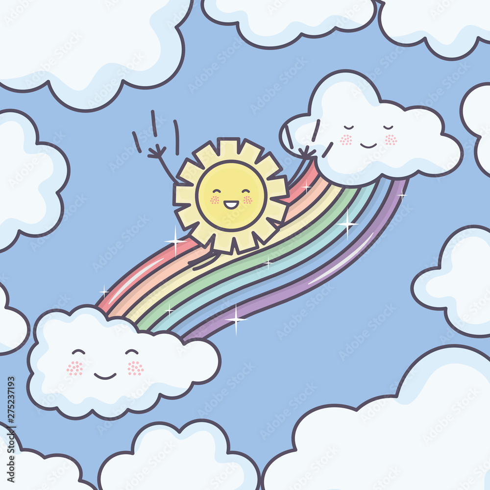 cute summer sun and clouds rainy with rainbow kawaii characters cute summer sun and clouds rainy with rainbow kawaii characters