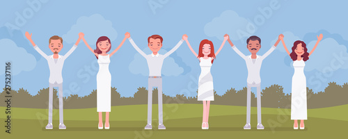 Group pray ceremony. People of religious beliefs, spiritual community wearing white clothes worship and praise god, enjoy outdoor sacred glorification ritual. Vector flat style cartoon illustration