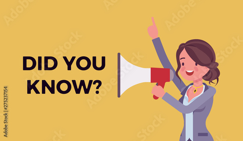 Did you know megaphone announcement. Woman holding loud speaker explain interesting facts of commercial product, service promotion, new advertising information. Vector flat style cartoon illustration