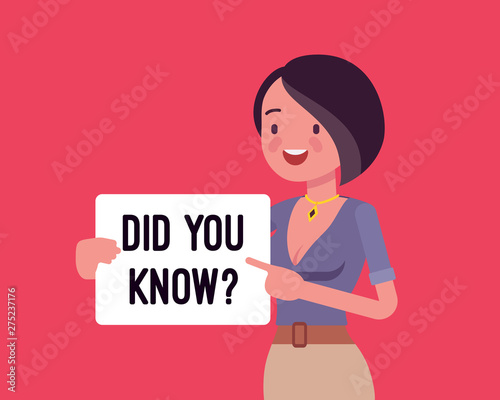 Did you know female announcement. Girl with sign, click for useful information, tutorial help banner, woman health assistance. Promotion and advertising service. Vector flat style cartoon illustration
