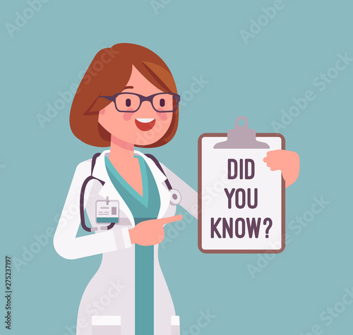 Did you know female doctor announcement. Professional medical consultation for women, popular healthcare fact explanation. Promotion, advertising information. Vector flat style cartoon illustration
