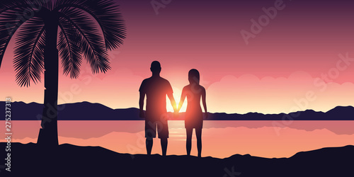 couple enjoy the sunset on a beautiful palm beach vector illustration EPS10