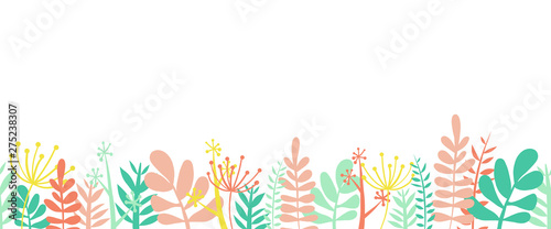 Leaves summer border frame bottom horizontal seamless vector illustration. Flowers, leaves and stems decorated border frame in summer spring colors. Floral foliage garland flat Scandinavian style. 