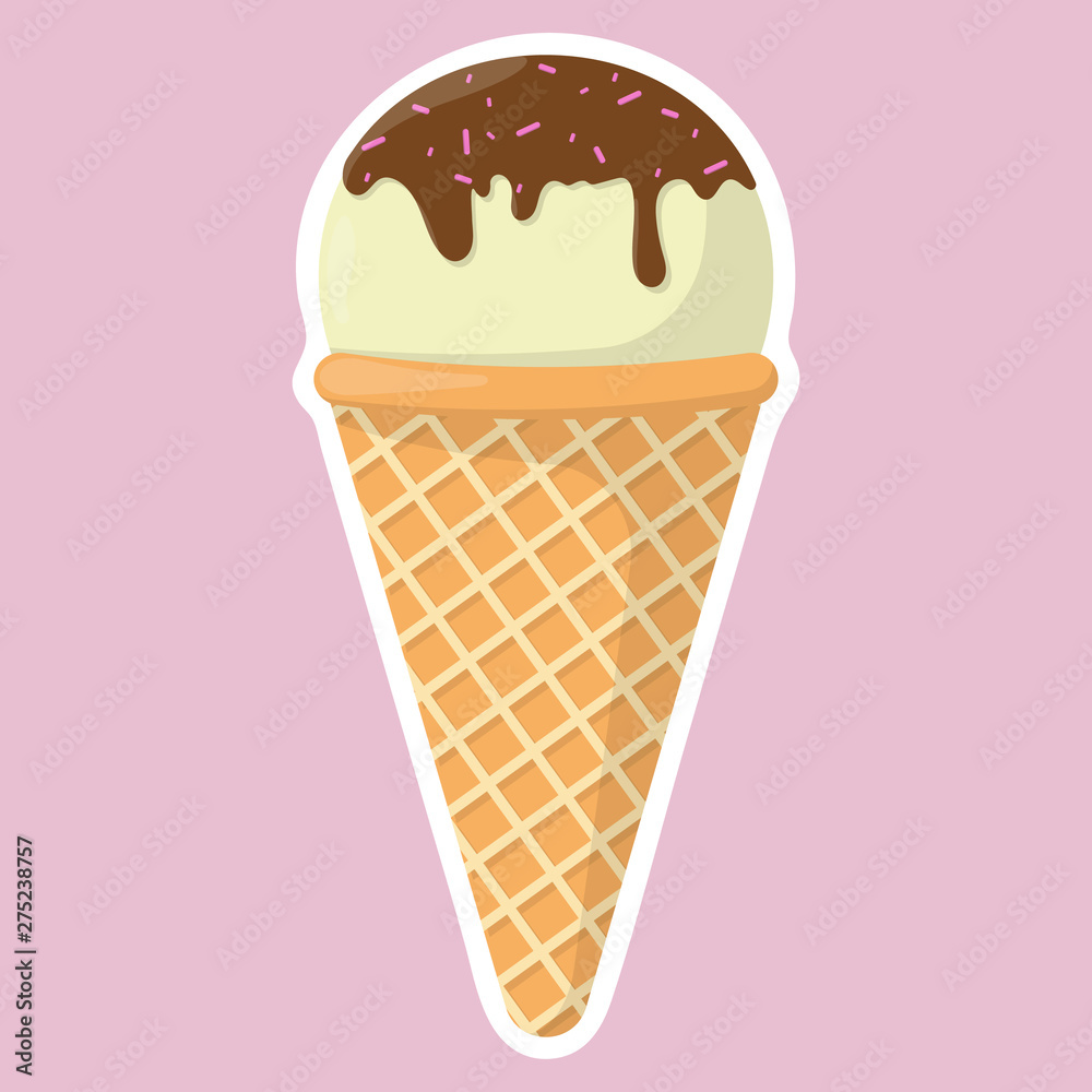 Vector illustration of a sticker in the shape of ice cream. Cute ice cream in a cartoon style. Vanilla ice cream poured with chocolate.Sticker, patch or pin in the form of ice cream. Vector illustration of a sticker in the shape of ice cream. Cute ice cream in a cartoon style. Vanilla ice cream poured with chocolate.Sticker, patch or pin in the form of ice cream.