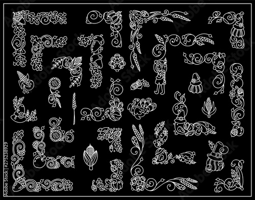 Vector vintage elements for design, black and white. Cute corners, dividers, tiny arts in Thanksgiving Day theme. Turkey, pumpkins, birds, vine, maize, ears of wheat, acorns, leaves. Chalkboard style