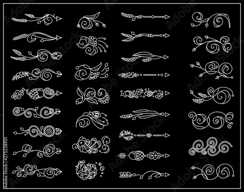 Vector vintage elements for design, black and white. Cute arrows, indexes, dividers, tiny arts in Thanksgiving Day theme. Turkey, birds, vine, maize, ears of wheat, acorns, leaves in chalkboard style