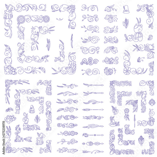 Large collection of elements for design. Lovely corners, frames, arrows, dividers, signs and symbols consist from wave branches, leaves, turkeys, birds, ears of wheat, apples and flowers