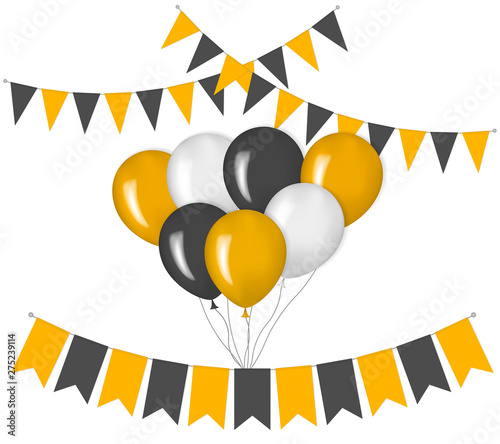Holiday decorations, vector illustration. Balloon bunch and pennant banner hanging flags. White, black, orange colors