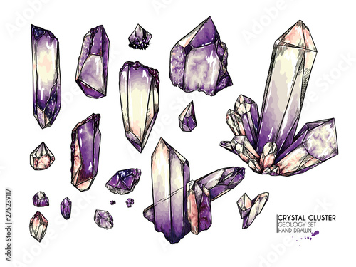 Hand drawn crystal cluster. Vector mineral illustration. Amethyst or quartz stone. Isolated natural gem. Geology set. Use for decoration, flyer, banner, halloween, wedding, witch stuff. photo