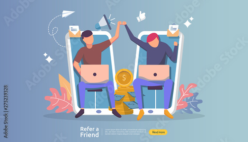 refer a friend affiliate partnership and earn money. marketing concept strategy. people character sharing referral business. template for web landing page, banner, presentation,poster, or print media